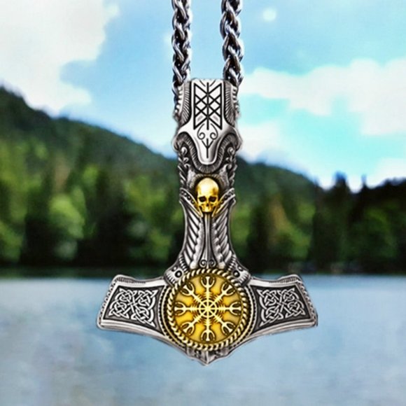 Stainless Steel Mjolnir with Skull and Helm of Awe - Picture 1 of 7